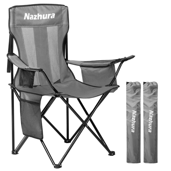 Nazhura 2 Pack Folding Camping Chair with Cooler Pouch, Mesh Backrest and Cup Holder Pocket (Grey, 2 Pack)
