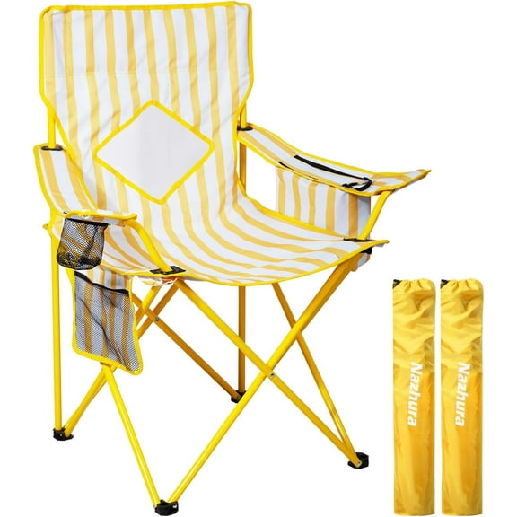 Nazhura 2 Pack Folding Camping Chair with Cooler Pouch, Mesh Backrest and Cup Holder Pocket (Yellow, 2 Pack)