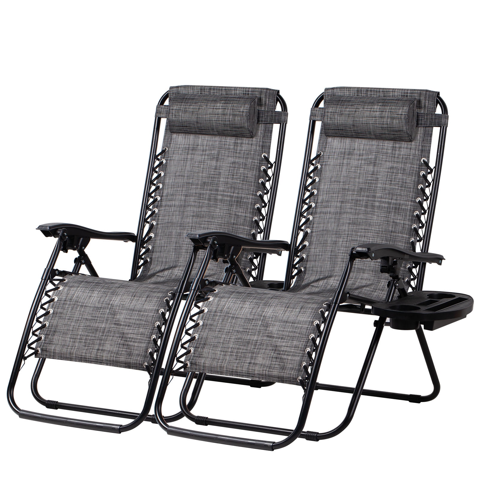 Set of 2 Gray Zero Gravity Patio Loungers with Cup Holder Trays