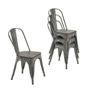 Nazhura Farmhouse Tolix Metal Wood Dining Side Chair, Brushed Metal Set of 4