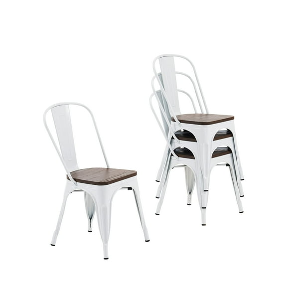 Nazhura Metal Dining Chair Farmhouse Tolix Style for Kitchen Dining Room Café Restaurant Bistro Patio, 18 Inch, Stackable, Waterproof Indoor/Outdoor (Sets of 4) (White with Wood Padding)