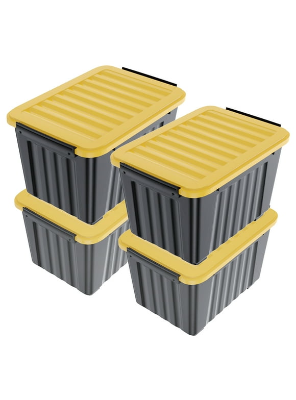 Nazhura Plastic Storage Bin, Black Stackable and Nestable Storage Boxes with Yellow Lids and Secure Latching Buckles, Large Storage Container, 72 Qt-4 Pack