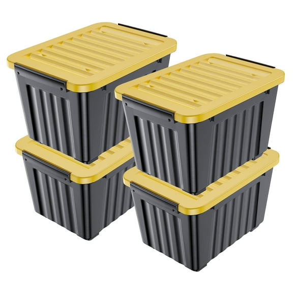 Nazhura Plastic Storage Bin, Black Stackable and Nestable Storage Boxes with Yellow Lids and Secure Latching Buckles, Large Storage Container, 97 Qt-4 Pack