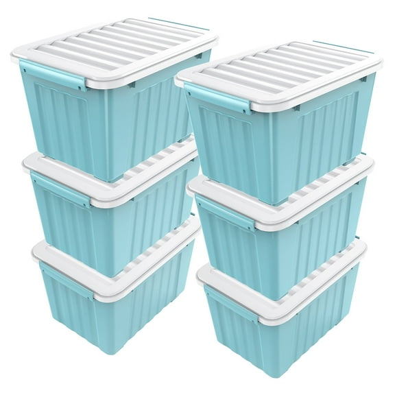 Nazhura Plastic Storage Bin, Blue Stackable and Nestable Storage Boxes with White Lids and Secure Latching Buckles, Large Storage Container, 72 Qt-6 Pack