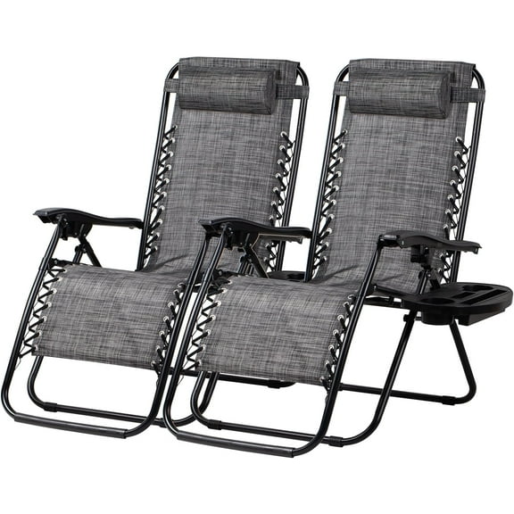 Nazhura Set of 2 Relaxing Recliners Patio Chairs Adjustable Steel Mesh Lounge Chair Beach Chairs with Pillow and Cup Holder(Grey)