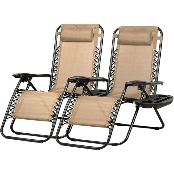 Nazhura Set of 2 Relaxing Recliners Patio Chairs Adjustable Steel Mesh Zero Gravity Lounge Chair Beach Chairs with Pillow and Cup Holder Khaki (Kahki)