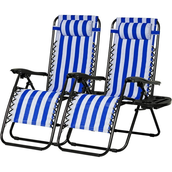 Nazhura Set of 2 Relaxing Recliners Patio Chairs Adjustable Steel Mesh Lounge Chair Beach Chairs with Pillow and Cup Holder (Navy Blue Stripe)