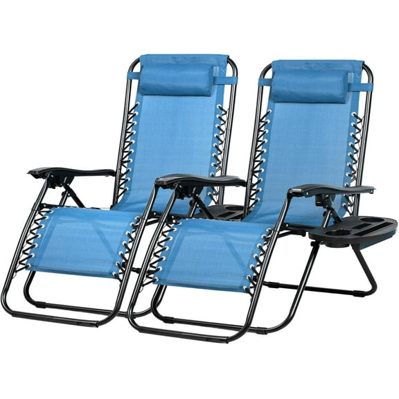 Nazhura Set of 2 Relaxing Recliners Patio Chairs Adjustable Steel Mesh  Lounge Chair Beach Chairs with Pillow and Cup Holder (Sky Blue)