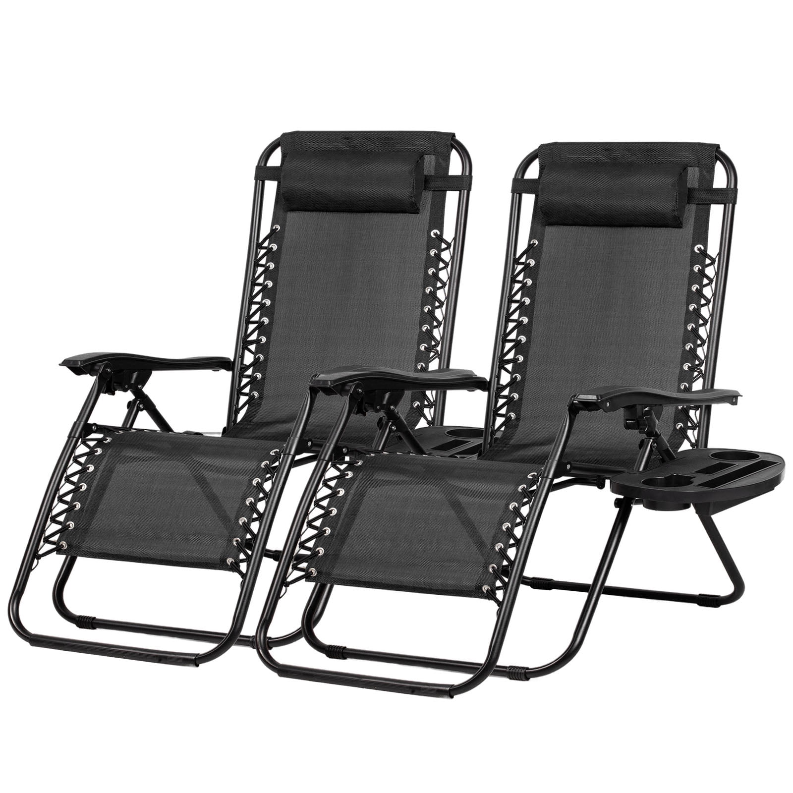 Nazhura Set of 2 Relaxing Recliners Patio Chairs Adjustable Steel Mesh Zero Gravity Lounge Chair Recliners with Pillow and Cup Holder Black