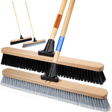 Nbcleanic 24" Push Brooms, 2-Pack (Indoor & Outdoor), Heavy-Duty Sweeping Brooms with 61" Wood Handle