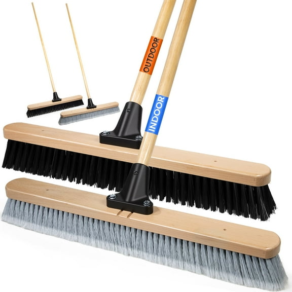 Nbcleanic 24" Push Brooms, 2-Pack (Indoor & Outdoor), Heavy-Duty Sweeping Brooms with 61" Wood Handle