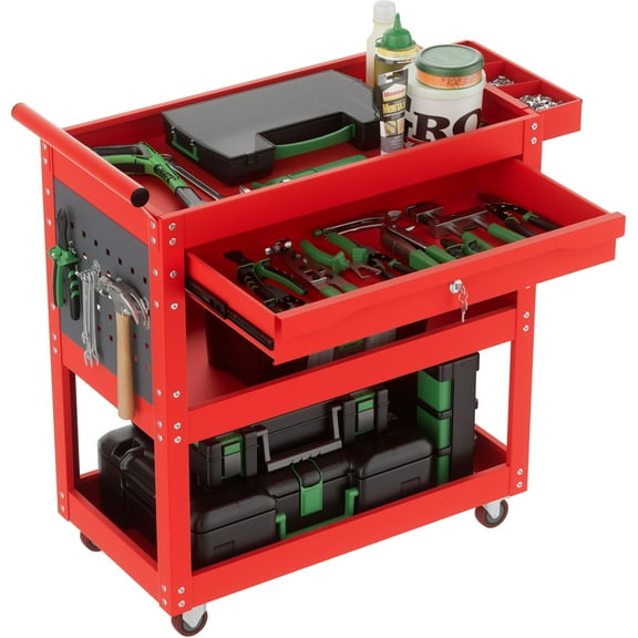 Nbcleanic 330 LBS Rolling Tool Cart with Drawer & Shelves, Heavy Duty Garage Service Cart with Hooks, Pegboards & Screw Organizer (Red, with Drawer)