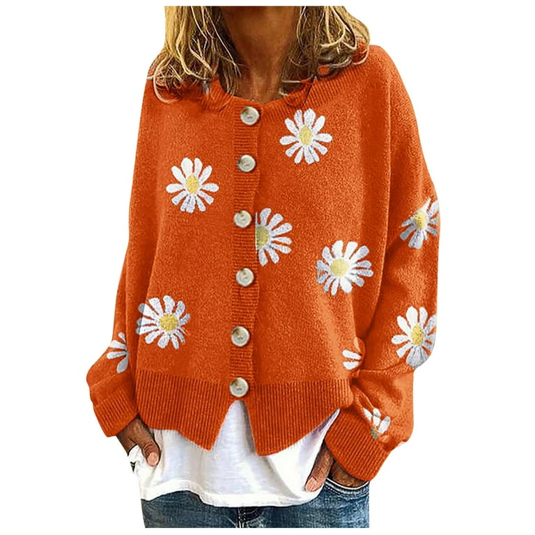 Nbcugb Clearance Jackets For Women 2024 Fall And Winter Sweaters For Women Women Coat Cardigans Daisy Printing Long Sleeve O Neck Cropped Sweater Top Big Comfy Cardigan Sweaters For Women Orange S