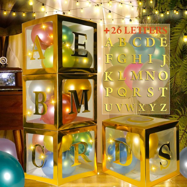 Nbpower 12" Party Balloon Boxes Kits Include 4 Gold Balloons Boxes & 26 Gold Letters & 50 Mixed