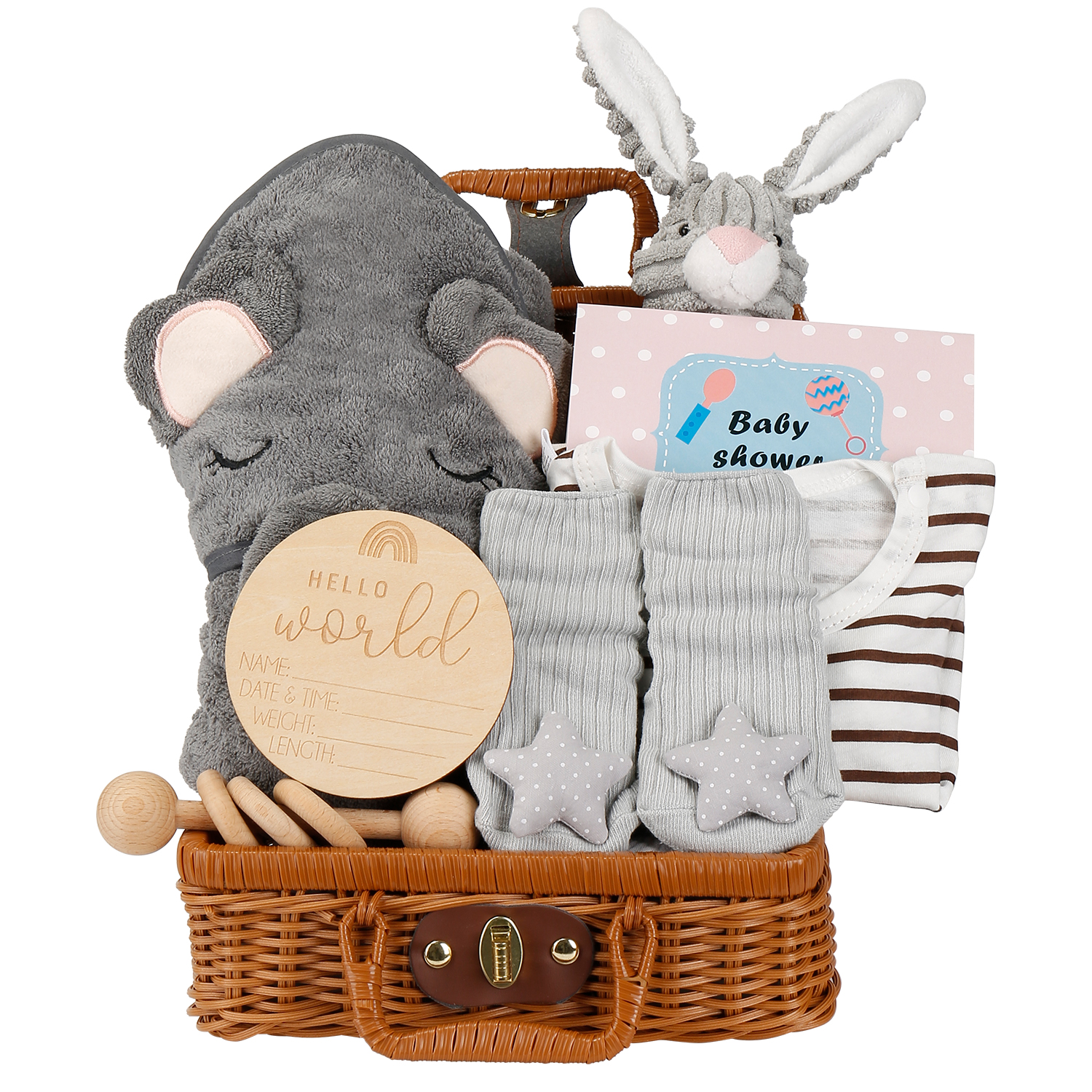 Nbpower 9Pcs Baby Shower Gifts for Boys Girls Woven Baby Gift Basket Includes Baby Onesie Blanket Bibs Socks Rattle Rabbit Doll Milestone Greeting Card Unique Baby Gift Set Essentials for Newborn