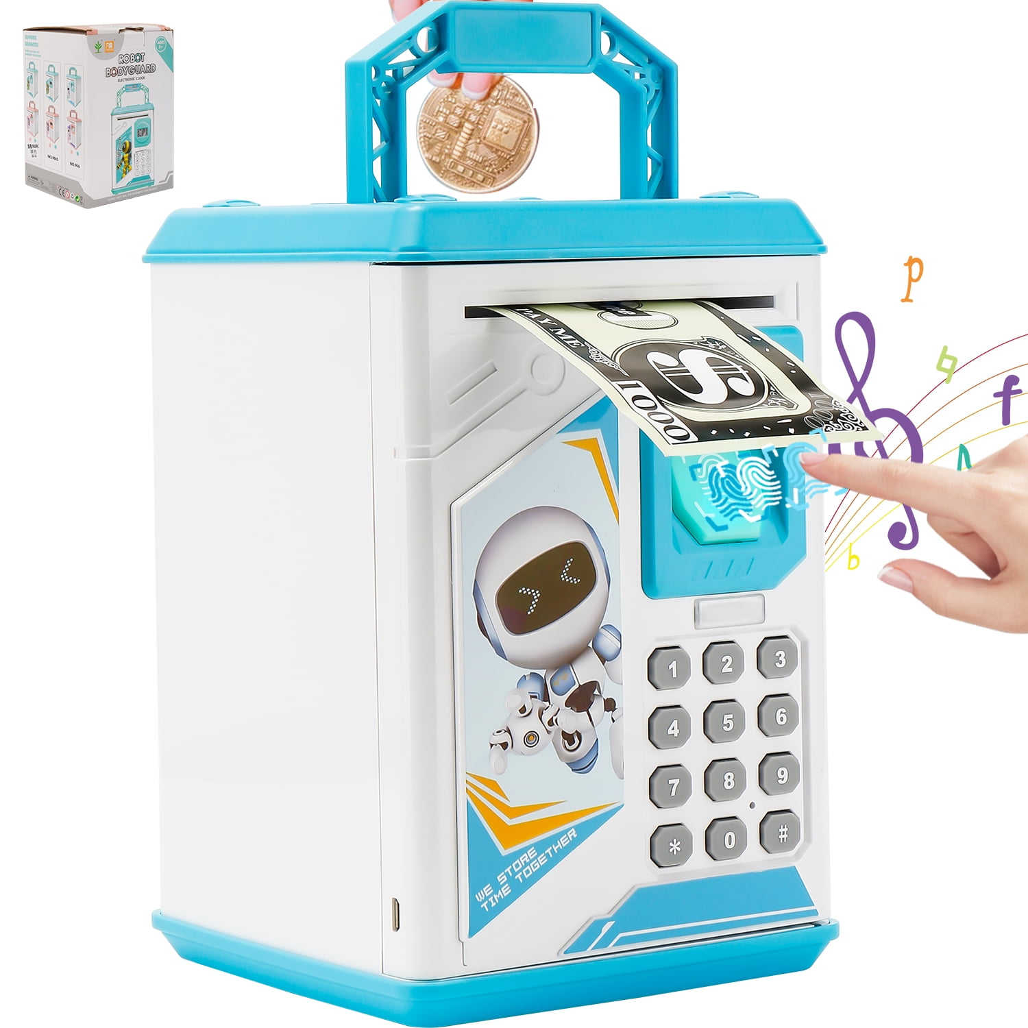 Robot Piggy Bank Kids ATM Electronic Fingerprint Password Money