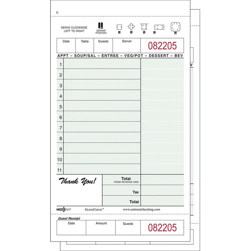 National Checking 2 Part Green Carbonless 11 Line Guest Check, 4.25 ...