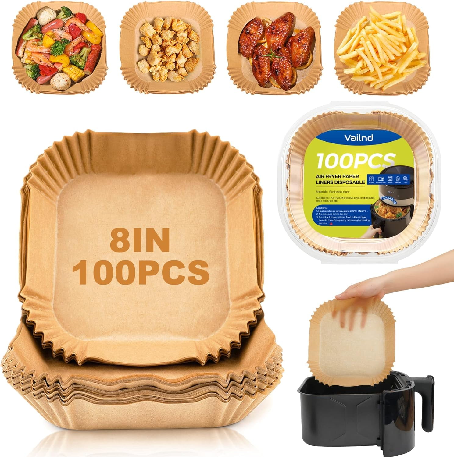 Ncheli Air Fryer Liners Disposable Square-Shaped 100 Count 8"