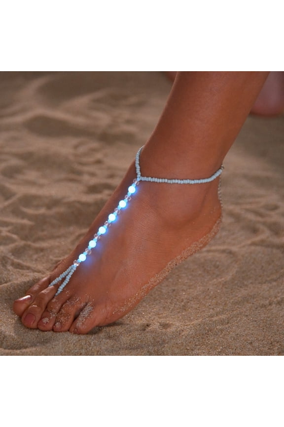 Glow-in-the-Dark Beaded Anklet (2 Pack), Adjustable Woven Foot Chain with Toe Ring, Summer Beach Foot Jewelry for Women