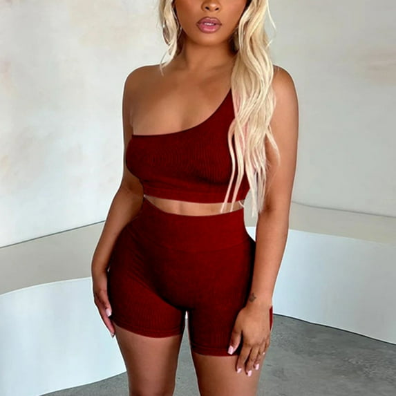 Ndbuld 2 Piece Sets for Women 2026 Summer Matching Lounge Shorts Set Resort Airport Travel Loungewear Outfits Clothing Wine L