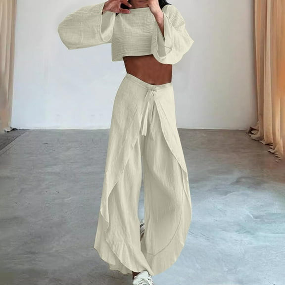 Ndbuld 2 Piece Sets for Women Summer Vacation 2025 Lounge Outfits Matching Two Pcs Spring Knit Tracksuits Sweat Suits Family Gifts Beige S