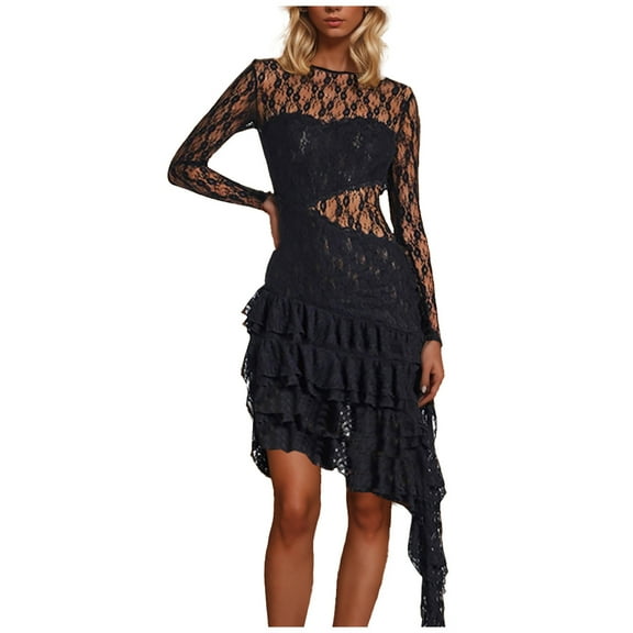 Ndbuld Women's Spring Midi Dress Long Puff Sleeve Dress Ladies Lace Stitching Round Neck Long Sleeve Dress Sexy Hot Girls Backpack Hip Skirt,Black,L