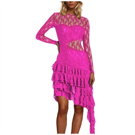 Ndbuld Women's Spring Midi Dress Long Puff Sleeve Dress Ladies Lace Stitching Round Neck Long Sleeve Dress Sexy Hot Girls Backpack Hip Skirt,Hot Pink,S