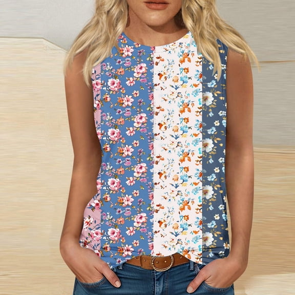 Active Basic Women's Basic Tank Tops Women's Fashion Casual Summer Printed Sleeveless Round Neck Top Blouse Tank Navy S