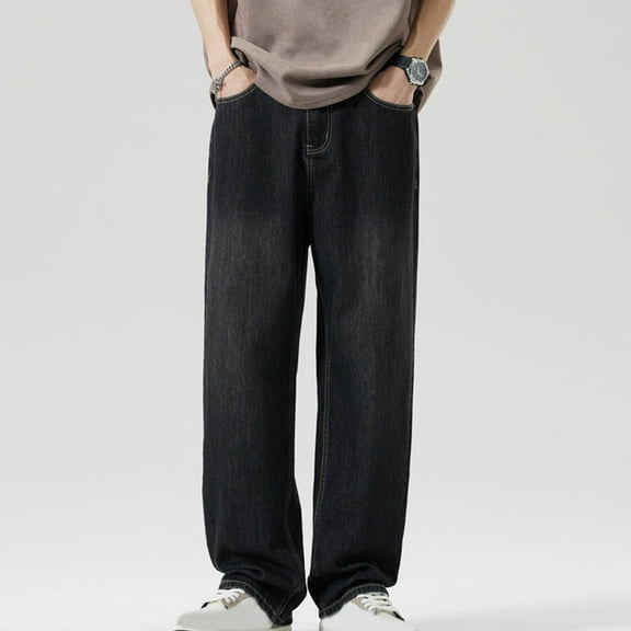 Ndbuld Authentics Men's Regular Fit Comfort Flex Waist Jean Athletic Fit Jeans Men's Fashion Casual Solid Color Cargo Zipper Pockets Elastic Waist Full Length Pants Christmas Gift,Black,L