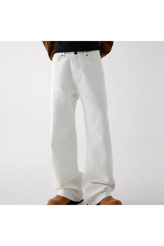 Authentics Men's Regular Fit Comfort Flex Waist Jean Athletic Fit Jeans Men's Fashion Casual Solid Color Cargo Zipper Pockets Elastic Waist Full Length Pants Christmas Gift,White,L