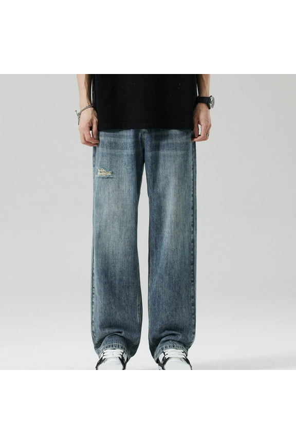 Authentics Men's Regular Fit Comfort Flex Waist Jean Athletic Fit Jeans Men's Fashion Casual Solid Color Cargo Zipper Pockets Elastic Waist Full Length Pants Christmas Gift,Blue,L