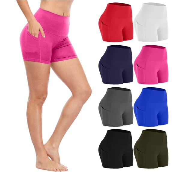 Ndbuld Biker Shorts Women Tummy Control Workout Shorts Women with Pockets High Waisted Yoga Running Gym Spandex Compression Hot Pink XXXL