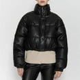 thumbnail image 1 of Ndbuld Black Coat Women's Quilted Lightweight Faux Leather Short Windsnow Jacket Standing Collar Zipper Bubble Sleeve Short Jacket Winter Warm Casual Jacket Sales Promotion,S-2XL,Black, 1 of 5