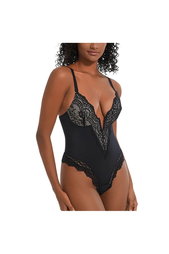 Bodysuit for Women Fashion Women Solid Color V-neck Lace Camisole Waist Lift Buttocks Crotch Buckle Shapewear Bodysuit Clothes ,S-3XL,Black,XXL