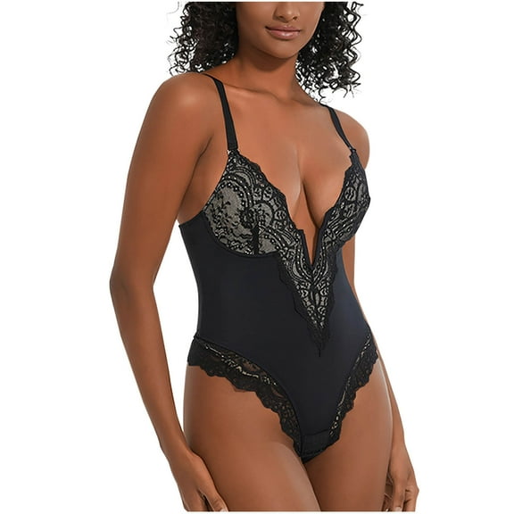 Ndbuld Bodysuit for Women Mid-Thigh Shaperwear Fashion Women Solid Color V-neck Lace Camisole Waist Lift Buttocks Crotch Buckle Shapewear Bodysuit,S-3XL,Black,XL