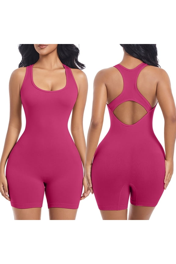 Bodysuit for Women Mid-Thigh Shaperwear Women Solid Color Fitness Exercise High Elasticity Tight Fitting Corset Yoga Underwear Shapewear,Hot Pink,L