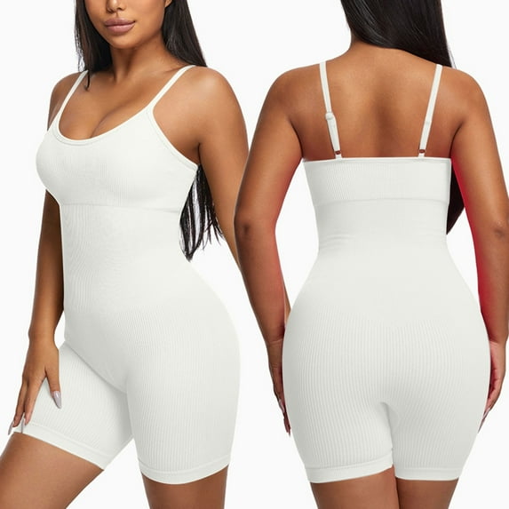 Ndbuld Bodysuit for Women Mid-Thigh Shaperwear Women Solid Color Fitness Exercise High Elasticity Tight Fitting Corset Yoga Underwear Shapewear on Clearance,White,L