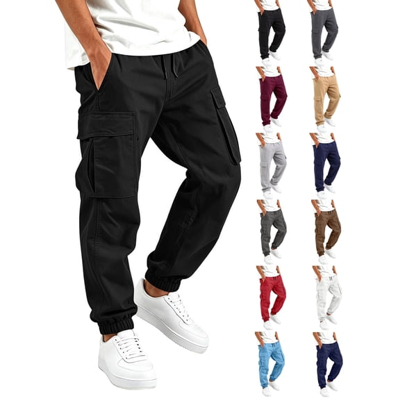 Ndbuld Boys Cargo Jogger Pants Elastic Drawstring Waist Multi Pockets Casual Tapered Cuffed Kids Work Trousers Black 14-15Years