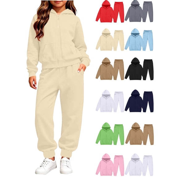 Ndbuld Boys Girls Full Zip Hoodie Jogger Pants Tracksuit, Casual Solid Color Sweatsuit Outfit with Kangaroo Pocket