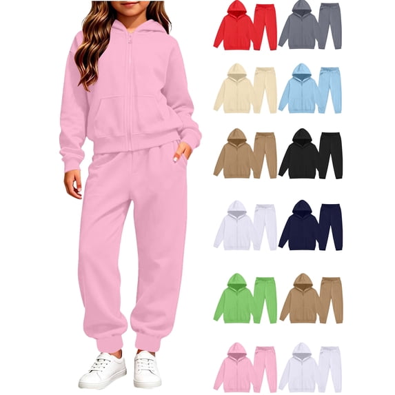 Ndbuld Boys Girls Full Zip Hoodie Jogger Pants Tracksuit, Casual Solid Color Sweatsuit Outfit with Kangaroo Pocket