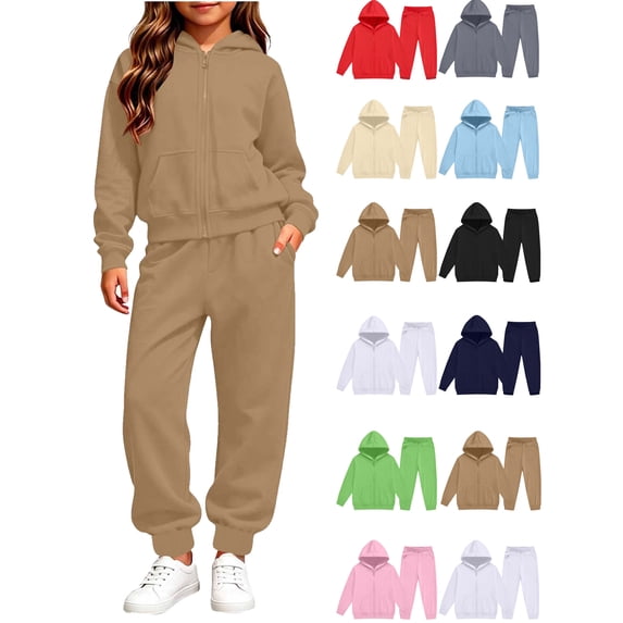 Ndbuld Boys Girls Full Zip Hoodie Jogger Pants Tracksuit, Casual Solid Color Sweatsuit Outfit with Kangaroo Pocket