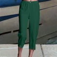 thumbnail image 1 of Ndbuld Capri Leggings for Women Ladies' Solid Color Elastic Waistband Cotton Linen Casual Straight Leg Pants with Pockets And Inch Pants Legs Split Green2XL, 1 of 6