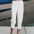thumbnail image 1 of Ndbuld Capri Leggings for Women Ladies' Solid Color Elastic Waistband Cotton Linen Casual Straight Leg Pants with Pockets And Inch Pants Legs Split WhiteL, 1 of 6
