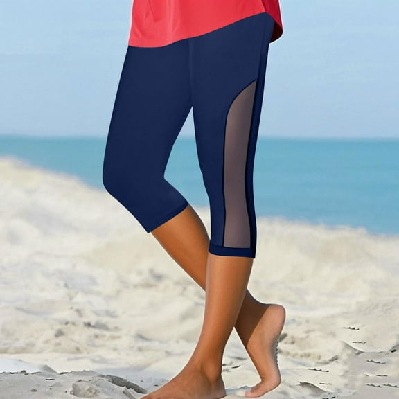 Ndbuld Capri Leggings for Women Women's Summer High Waisted Solid Color Capris Mesh Splicing Slim Fitting Yoga Gym Pants Summer ClearanceNavyS
