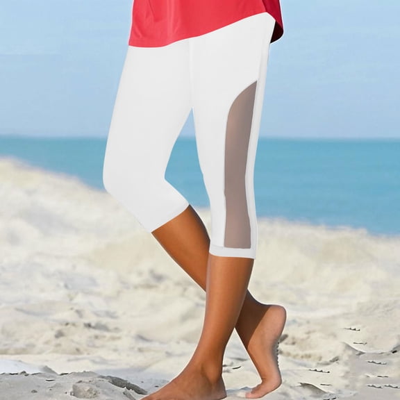 Ndbuld Capri Leggings for Women Women's Summer High Waisted Solid Color Capris Mesh Splicing Slim Fitting Yoga Gym Pants Summer ClearanceWhiteS
