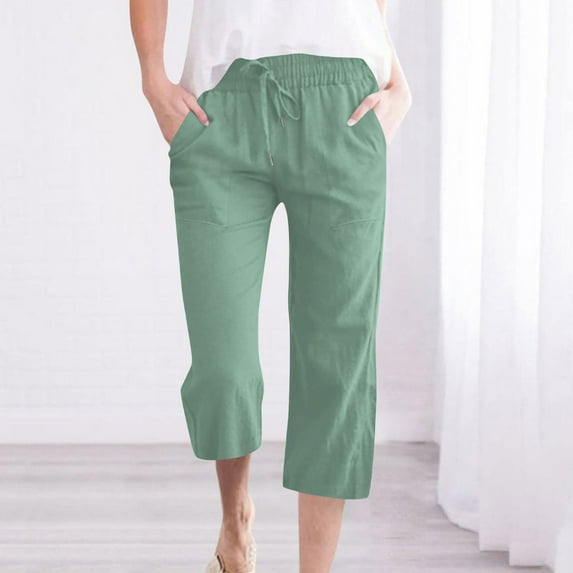 Ndbuld Capri Leggings for Women Womens Casual Solid Color Elastic Loose Pants Capris with Pocket Clearance Sales Online DealsMint GreenXL