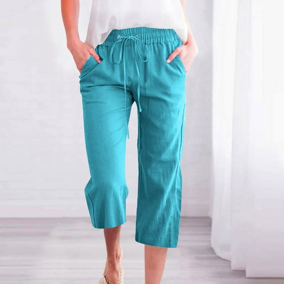 Ndbuld Capri Pants for Women High Waist Fashion Womens Casual Color Elastic Loose Pants Capris with Pocket Sky Blue5XL