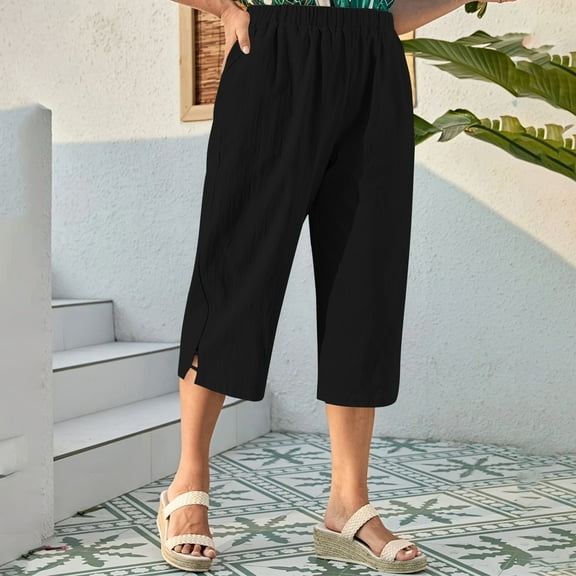 Ndbuld Capri Pants for Women High Waist Womens Solid Color Pocket Bottom Slit Pants Family GiftsBlackM