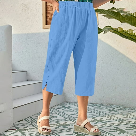 Ndbuld Capri Pants for Women High Waist Womens Solid Color Pocket Bottom Slit Pants Family GiftsBlueM