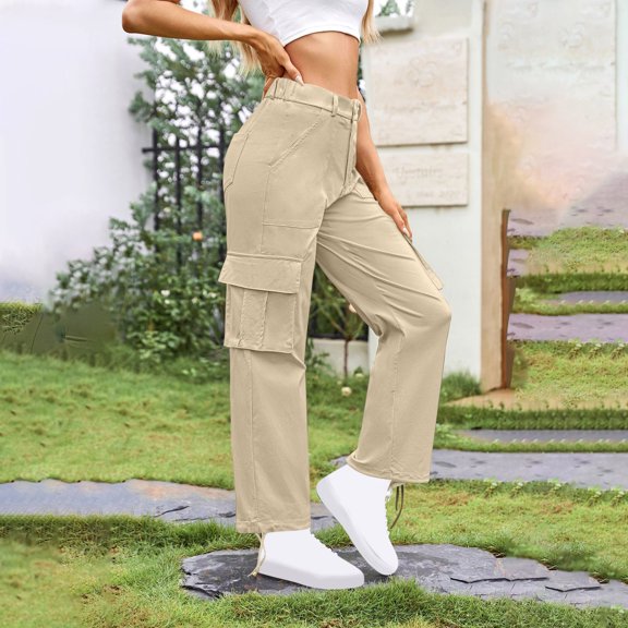 Ndbuld Cargo Pants Ladies' Casual Loose Wide Leg High Waist Pocket Work Pants Straight Leg Pants,S,Beige